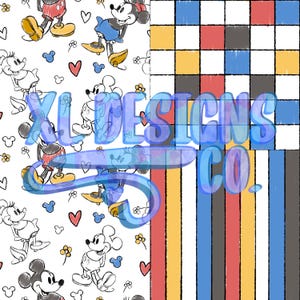 Op de afbeelding: Een digitaal ontwerp met twee verschillende patronen. Eén toont schetsen van Mickey en Minnie Mouse met harten en bloemen op een witte achtergrond. De andere toont een geblokt patroon en verticale strepen in verschillende kleuren. De tekst "XL DESIGNS CO." is overgelegd.