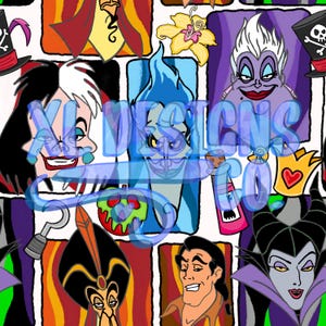 Puede incluir: Un patr&oacute;n colorido con villanos de dibujos animados. El dise&ntilde;o incluye personajes como Cruella de Vil, Hades, &Uacute;rsula y Mal&eacute;fica, sobre un fondo blanco. El texto "XL DESIGNS CO" est&aacute; superpuesto en la imagen.