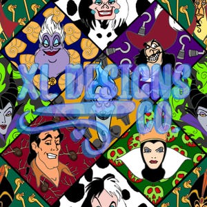 May include: A colorful collage featuring various Disney villains, including Maleficent, Ursula, Cruella de Vil, Captain Hook, and the Evil Queen. Each villain is depicted in their iconic costume and surrounded by elements from their respective films.