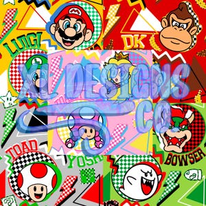 May include: A colorful pattern featuring various characters from the Super Mario video game series. The design includes images of Mario, Luigi, Princess Peach, Toad, Bowser, and Donkey Kong, along with lightning bolts and text. The background is a mix of red, yellow, green, and gray.