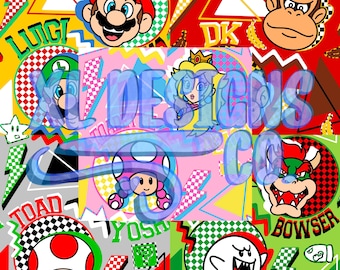 May include: A colorful pattern featuring various characters from the Super Mario video game series. The design includes images of Mario, Luigi, Princess Peach, Toad, Bowser, and Donkey Kong, along with lightning bolts and text. The background is a mix of red, yellow, green, and gray.