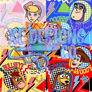 May include: A colourful digital paper featuring characters from the Toy Story franchise. The characters include Woody, Buzz Lightyear, Jessie, Slinky Dog, Bullseye, and Rex. The background is a chequered pattern with geometric shapes and lightning bolts.