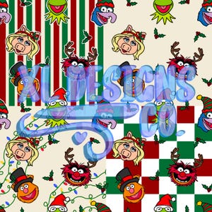 May include: A festive pattern featuring various Muppet characters in holiday attire. The design includes Kermit the Frog, Miss Piggy, and others, set against backgrounds of stripes, checks, and holly. The text "KL DESIGNS CO" is overlaid.