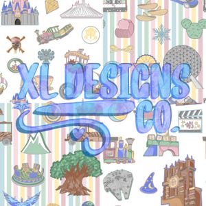 May include: A colorful digital paper design featuring various Disney park icons, including castles, rides, and characters. The design is set against a striped background with pastel colors. The text "XL Designs Co." is prominently displayed in blue.