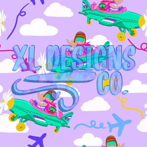 May include: A seamless pattern featuring a purple background with white clouds, yellow and blue airplanes, and a pink and green airplane with a girl wearing a pink hat and sunglasses. The text "XL Designs Co." is written in blue and white letters.