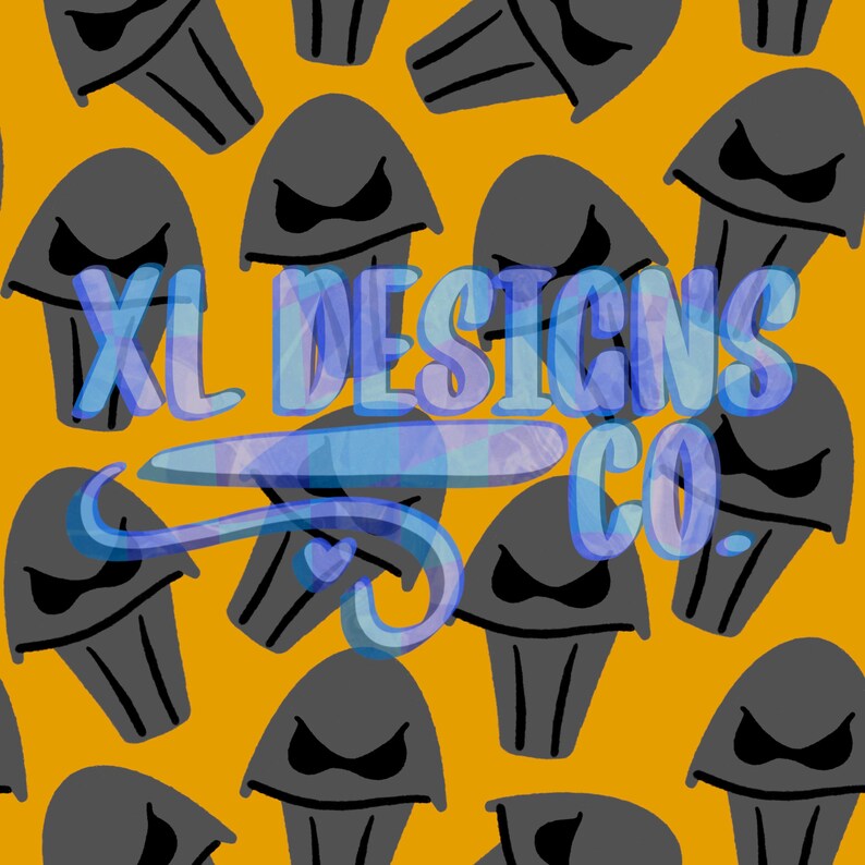 K&ouml;nnte beinhalten: Ein nahtloses Muster mit schwarzen Cupcake-Silhouetten auf gelbem Hintergrund. Die Cupcakes haben ein einfaches Design mit abgerundeter Oberseite und einem Strudel oben. Der Text "XL DESIGNS CO." ist dem Muster in einer blauen und wei&szlig;en Schrift &uuml;berlagert.