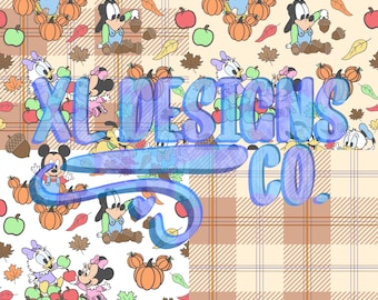 May include: A seamless pattern featuring cartoon characters like Mickey Mouse, Minnie Mouse, Donald Duck, and Goofy. The characters are dressed in fall-themed outfits and surrounded by pumpkins, leaves, and acorns. The pattern is set against a beige and brown plaid background.