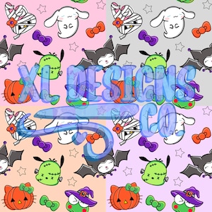 May include: A seamless pattern featuring a variety of Halloween-themed characters, including a mummy, a ghost, a bat, a witch, a pumpkin, and a zombie. The characters are drawn in a cute, cartoon style and are set against a background of pink, purple, orange, and gray.