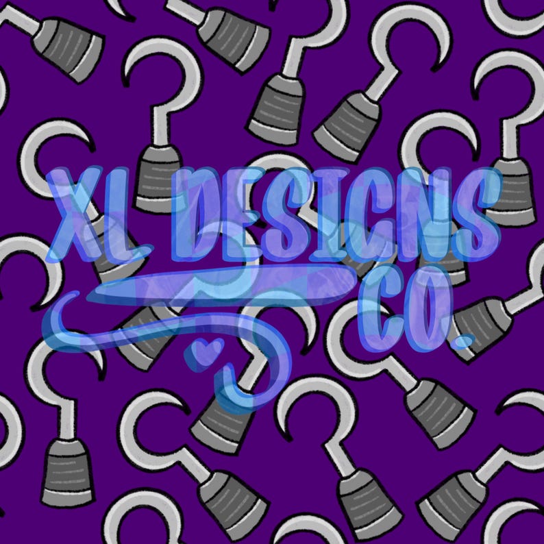 K&ouml;nnte beinhalten: Ein nahtloses Muster mit einem sich wiederholenden Design aus silbernen Piratenhaken auf einem violetten Hintergrund. Die Haken sind stilisiert und haben einen abgerundeten Griff. Das Muster ist perfekt f&uuml;r Stoff, Tapete oder andere kreative Projekte.