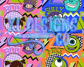 May include: A colorful, 90s-themed fabric design featuring characters from the movie Monsters Inc. The design includes the characters Sully, Mike, and Boo, along with the text "Boo", "Sully", and "Mike".
