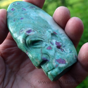 Ruby in Fuchsite Conehead Tribal Skull Face, Hand Carved by Ivo Manus, Crystal Skull Art, Shamanic Sculpture, One of a Kind Gemstone Carving