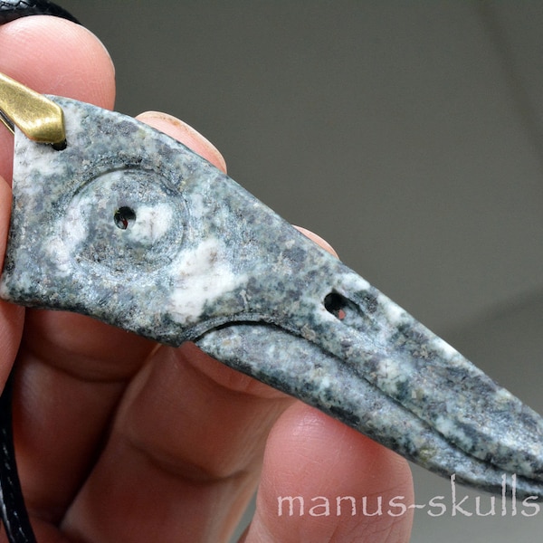 Hand carved Bird Skull pendant PRESELI BLUESTONE made by Dutch artist Ivo Manus ....