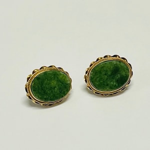 Antique 14K Yellow Gold Oval Jadeite Stud Earrings