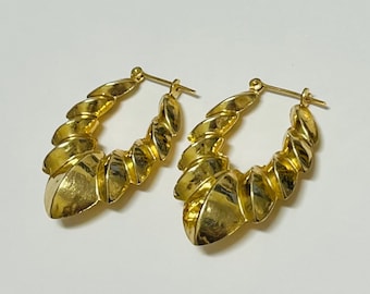 Vintage 14K Yellow Gold Large Scallop Style Hoop Earrings