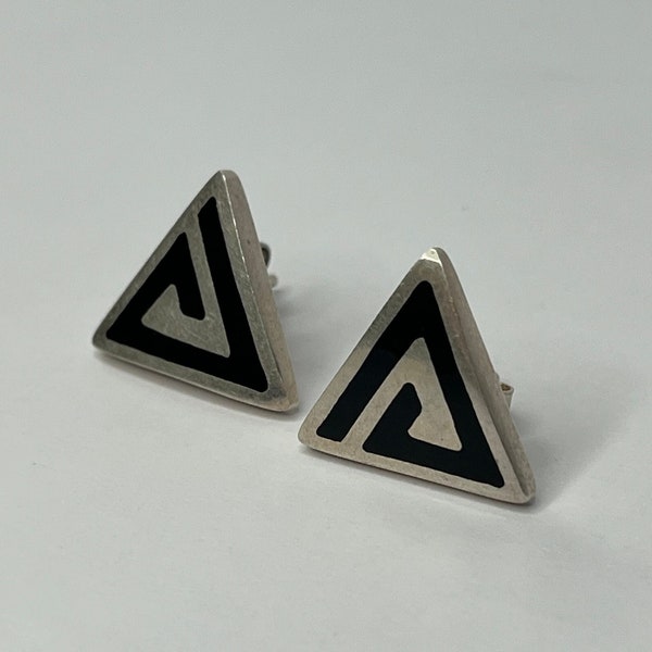 Vintage Sterling Silver Black Enamel Spiral Triangle Stud Earrings