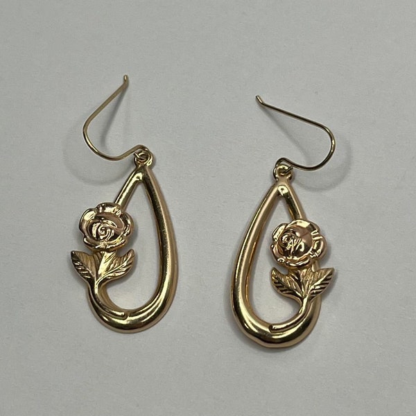 Vintage J.J. Creation, Inc. 10K Gold Rose Theme Dangle Earrings