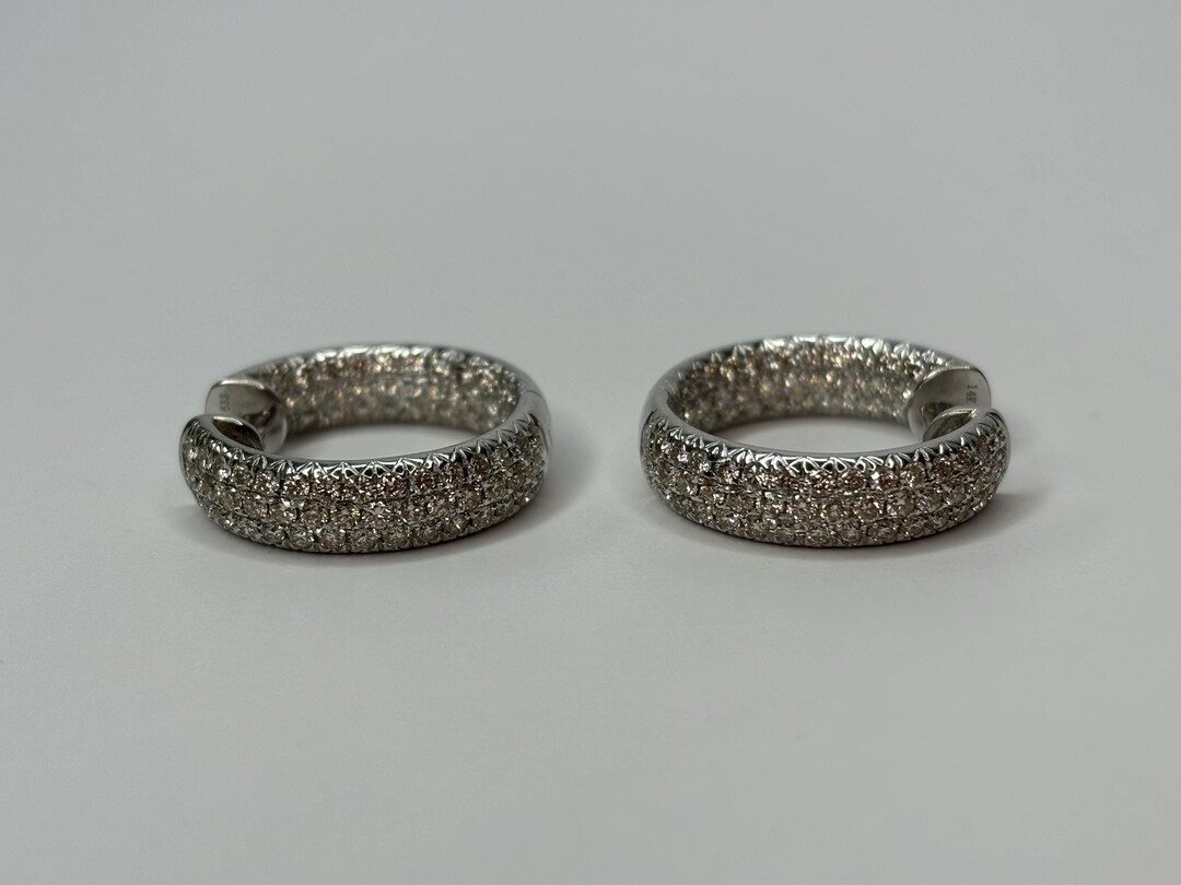 14K White Gold Inside & Outside Diamond Heart Theme Hoop Earrings Etsy