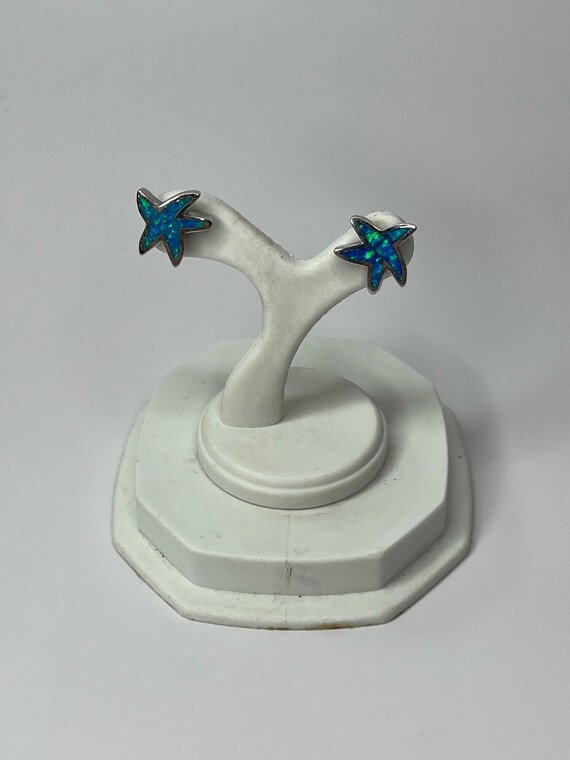 Sterling Silver Blue Opal Starfish Stud Earrings - image 2