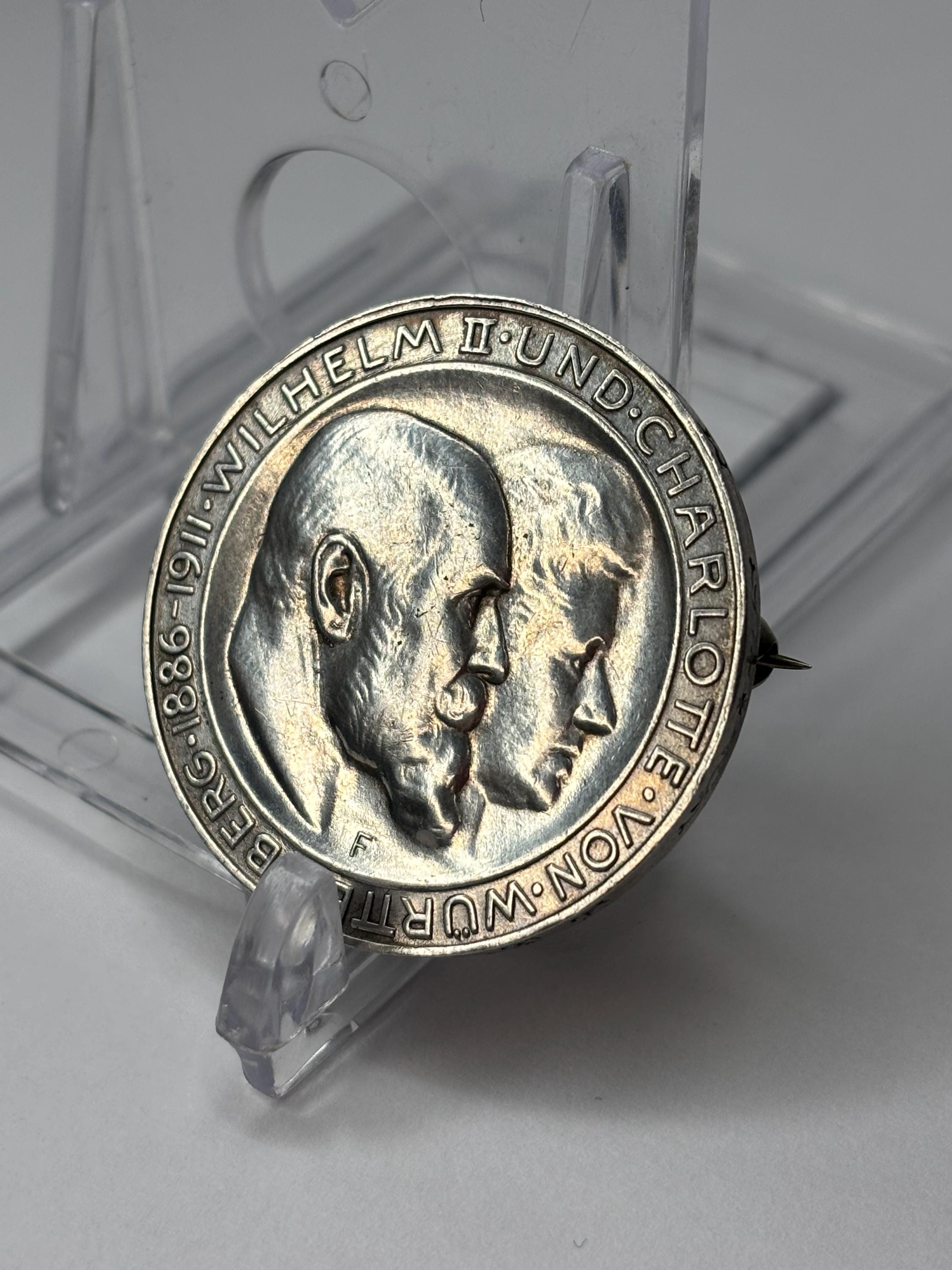 1911年F ドイツ諸州 ヴュルテンベルク 3マルク銀貨 ブローチピン 