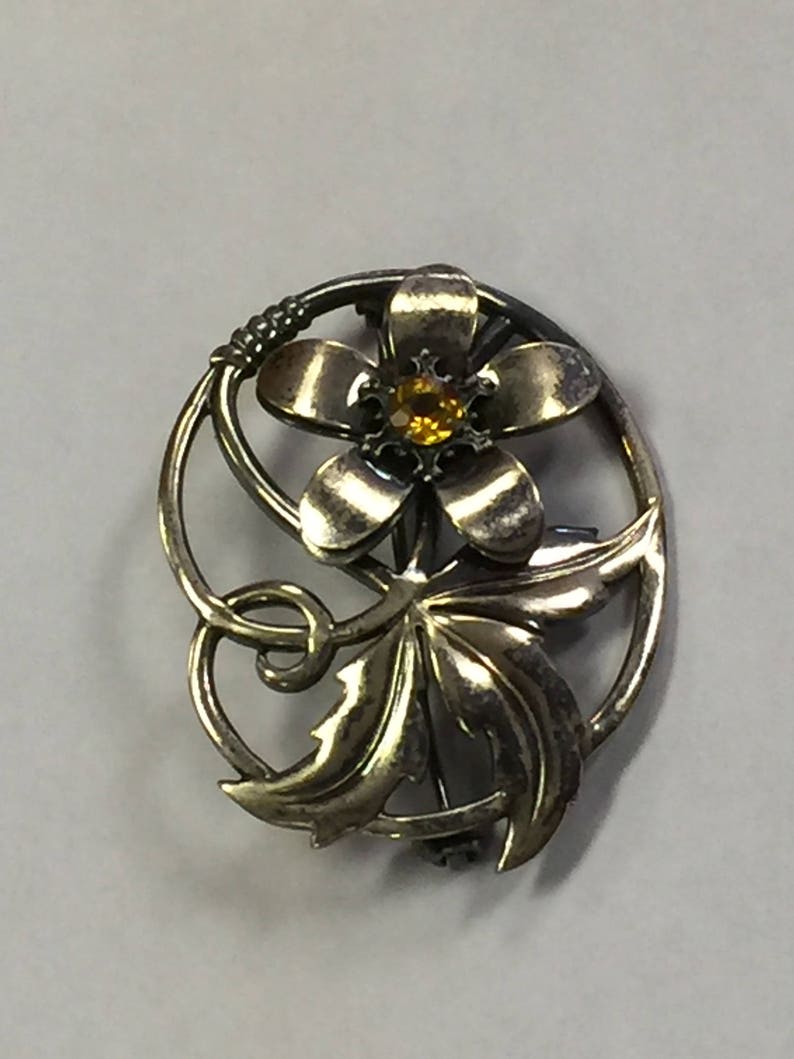 Vintage Symmetalic Sterling Silver14K Citrine Flower Brooch Pin