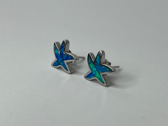 Sterling Silver Blue Opal Starfish Stud Earrings - image 3