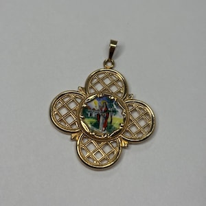 Vintage 14K Yellow Gold Enamel Religious Medallion Pendant