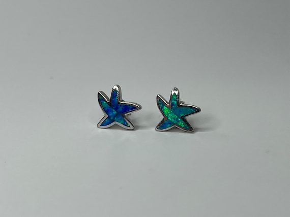 Sterling Silver Blue Opal Starfish Stud Earrings - image 1