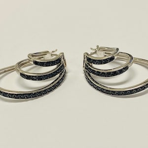 Unique Sterling Silver Triple Onyx Hoop Earrings Hallmarked STS