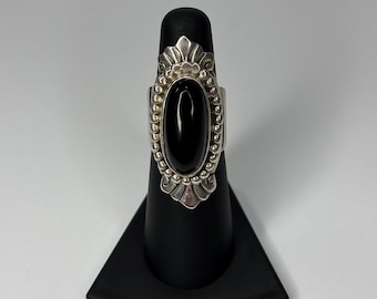 Vintage Sterling Silver Onyx Wide Oval Shape Ring