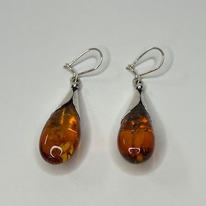 Vintage Unique Sterling Silver Amber Dangle Earrings