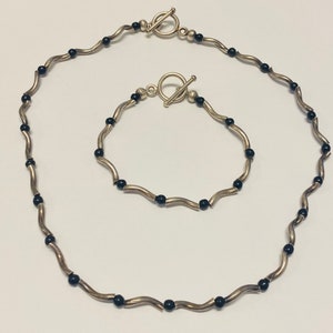 Vintage Sterling Silver Black Onyx Beaded Unique Twist Design Necklace w/ Matching Bracelet Hallmarked