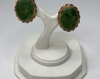 Antique 14K Yellow Gold Oval Jadeite Stud Earrings