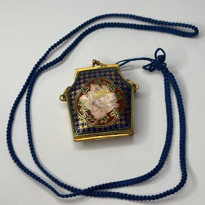 Vintage Cloisonné Blue Enamel Floral Purse Trinket Box Pendant Necklace