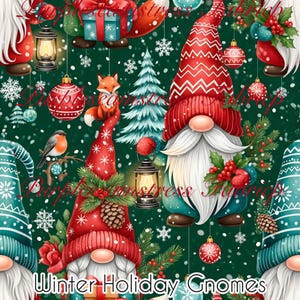 May include: A seamless fabric pattern featuring Christmas gnomes with long white beards, wearing red patterned hats. The design includes lanterns, pine trees, red ornaments, holly berries, pinecones, a fox, and a bird on a dark green background.