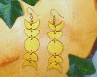 Golden Moon Phase - Handmade Polymer Clay - Gold Celestial Statement Dangle Earrings