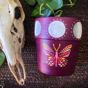 Moth Moon Phase Planter -Hand Painted Clay Ceramic Pot for House Plants- Butterfly Celestial Home Decor