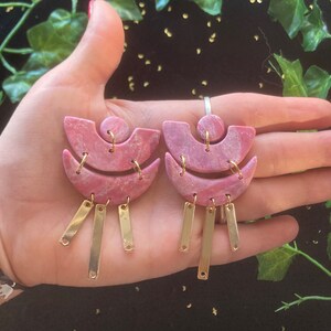 Rose Quartz Crescent Moon - Polymer Clay Stud Dangle Statement Earrings - Valentine&#39;s Day Gift