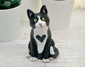 Tuxedo Cat sculpture, whimsical black and white kitty figurine, pet memorial, desk buddy, hand painted unique cat lover gift