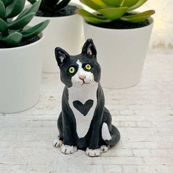 Tuxedo Cat sculpture, whimsical black and white kitty figurine, pet memorial, desk buddy, hand painted unique cat lover gift