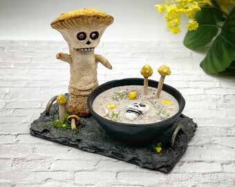 Death Cap poisonous mushroom soup sculpture, quirky soup buddy, whimsical original art, anthropomorphic food, one of a kind art for foodie