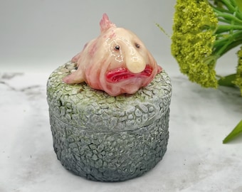 Whimsical Blob fish trinket tin, stash box, one of a kind whimsical art, dice tin, ugly cute figurine, unique gift