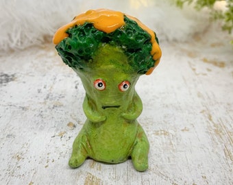 Cheesy broccoli figurine, whimsical desk decor, desk buddy, anthropomorphic food, quirky gift, one of a kind original art for foodie