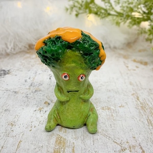 Cheesy broccoli figurine, whimsical desk decor, desk buddy, anthropomorphic food, quirky gift, one of a kind original art for foodie