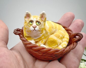 Miniature Orange Tabby Cat in a Basket sculpture, OOAK whimsical ginger kitty figurine, pet memorial, desk buddy, unique cat lover gift