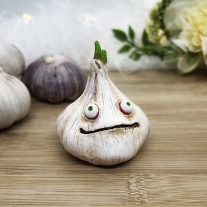 Garlic buddy figurine, whimsical desk decor, desk buddy, anthropomorphic food, quirky monster garlic, original art gift for foodie