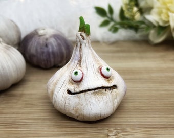 Garlic buddy figurine, whimsical desk decor, desk buddy, anthropomorphic food, quirky monster garlic, original art gift for foodie