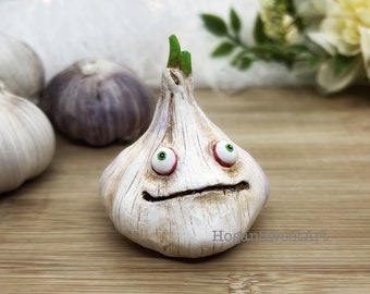 Whimsical Garlic Buddy Figurine: hand sculpted, hand painted original art, desk decor for foodie