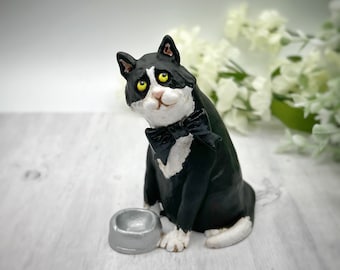 Fat Tuxedo Cat sculpture, "Dressed for Dinner" whimsical kitty figurine, pet memorial, desk buddy, hand painted unique cat lover gift