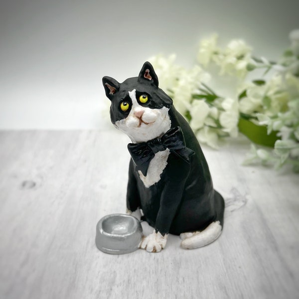 Fat Tuxedo Cat sculpture, "Dressed for Dinner" whimsical kitty figurine, pet memorial, desk buddy, hand painted unique cat lover gift