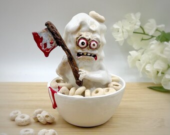 Cereal Killer buddy, quirky food sculpture, one of a kind whimsical art, foodie gift, creepy mixed media art figurine